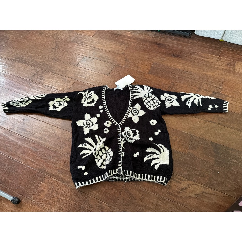 Cambridge Dry Goods Handknit Cardigan Sweater Black White Pineapple Floral L NWT